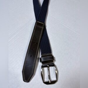 Martin Dingman Countrywear, Navy Stretch and Dark Brown Leather w Nickel Buckle.